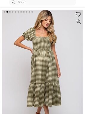 Gingham Smocked Midi Dress in Olive Green - Bump Friendly